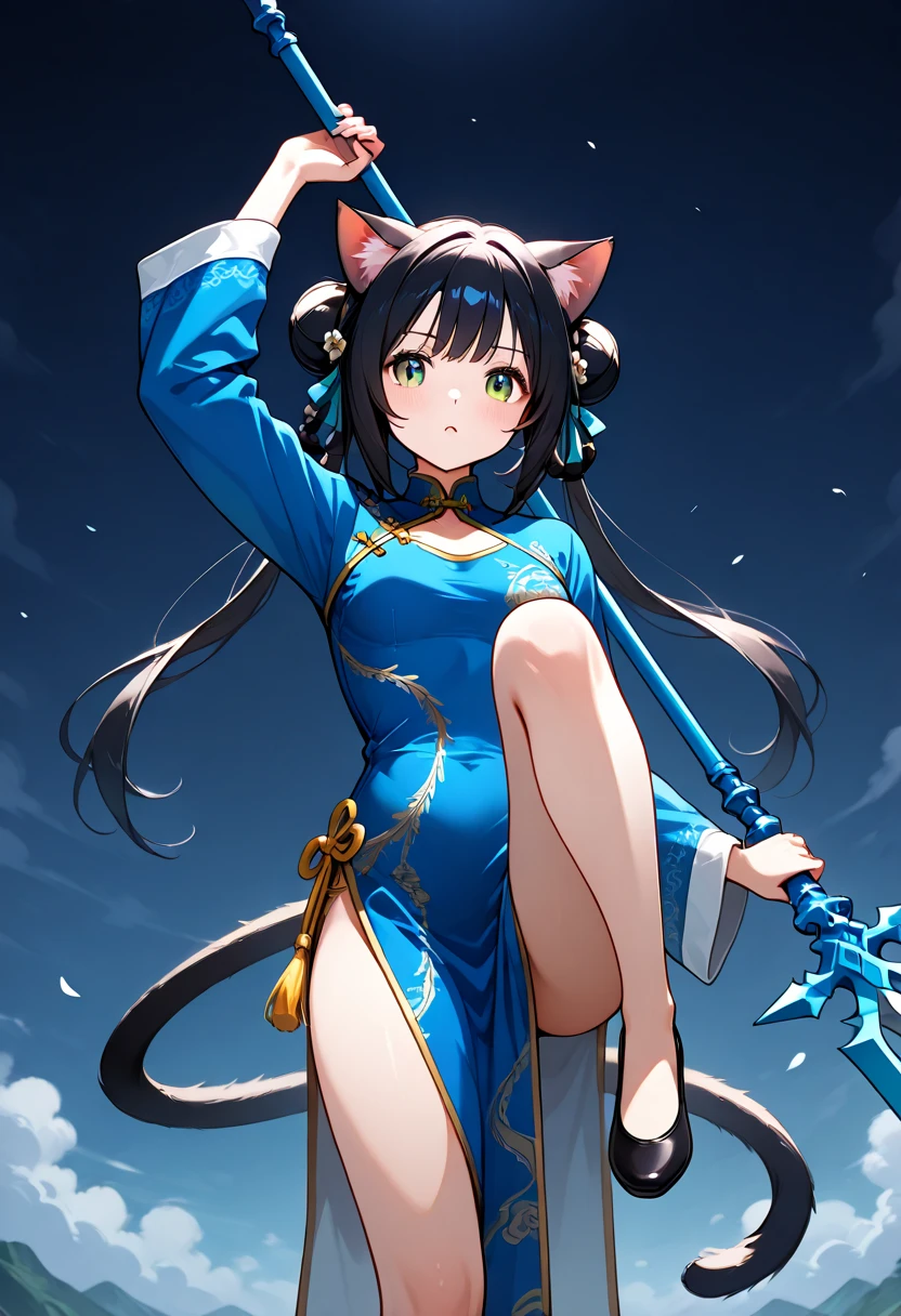 Cat girl,  Holding a Long Spear ,  blue china clothes, Decide a pose by standing on one leg