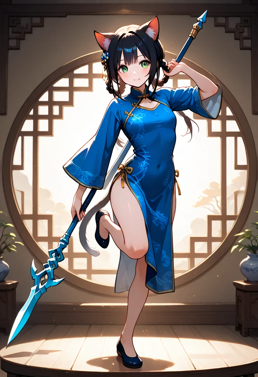 Cat girl,  Holding a Long Spear ,  blue china clothes, Decide a pose by standing on one leg