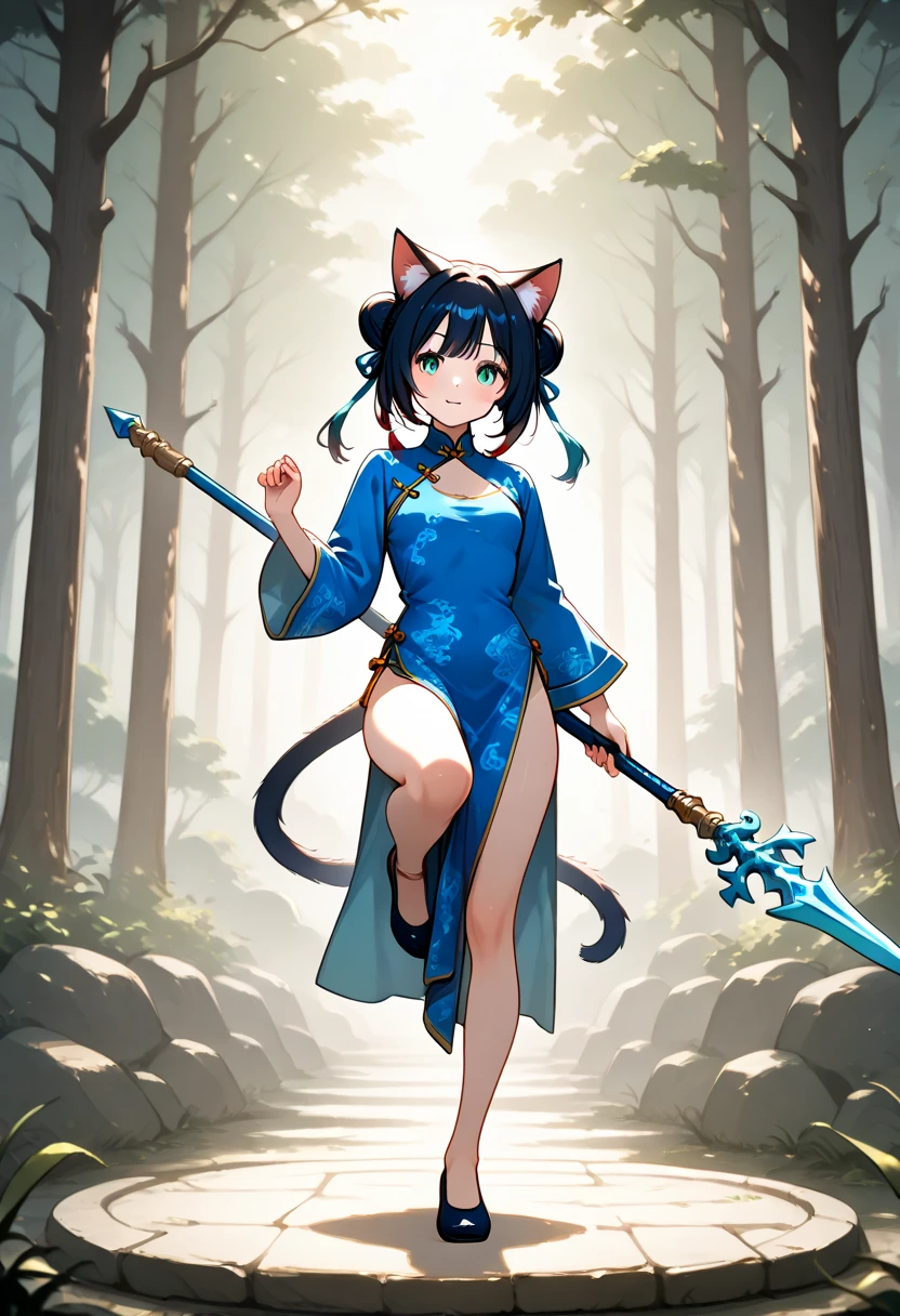 Cat girl,  Holding a Long Spear ,  blue china clothes, Decide a pose by standing on one leg