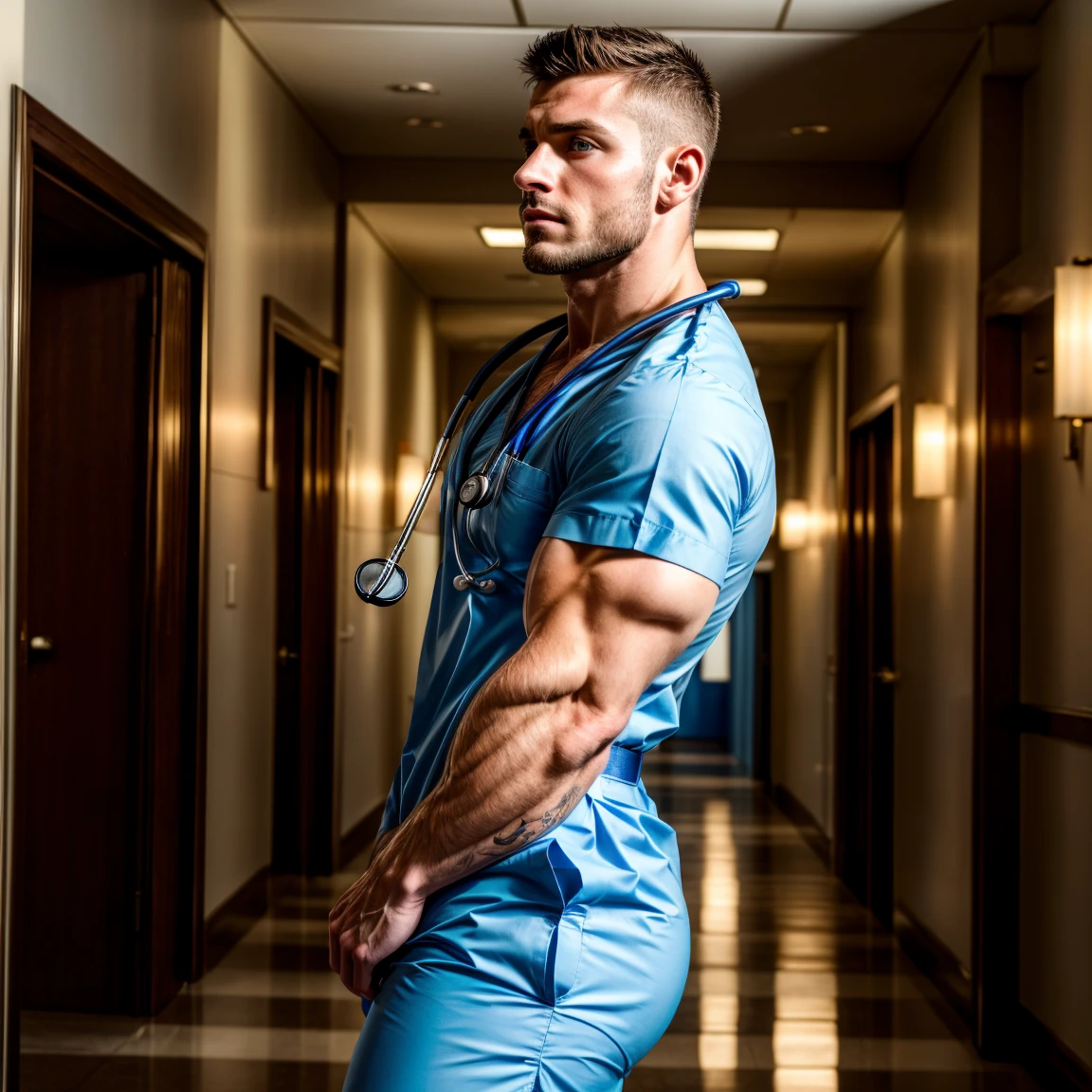 latin man, masterpiece, short hair, barefoot, looking to the camera, In front of laboratory equipment in the hospital、photo magazine cover、With beautiful legs、totally naked、showing the butts and letting the anus be seen, covering herself sensually, in his 30s、Close-up from the front、open legs, without underwear, trimmed pubis, medium erect penis