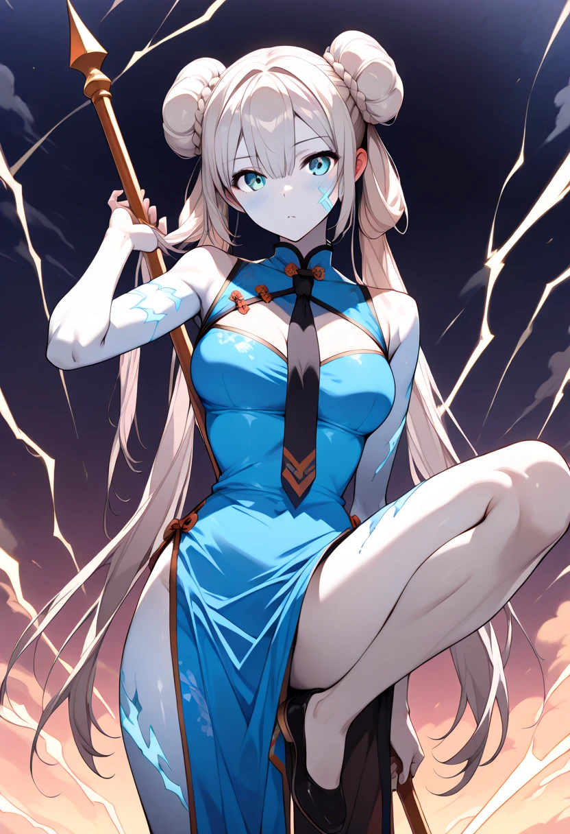 
((SFW:1.5, score_9, score_8_up, score_7_up,  super high res,  Textured Skin, high detail,  top quality , masterpiece, anatomically correct)), Twin Chignon, Tie your hair in the shape of a doughnut ,  Holding a Long Spear ,  blue china clothes,  decide on a pose by standing on one leg, Wear lightning all over your body:1.3
