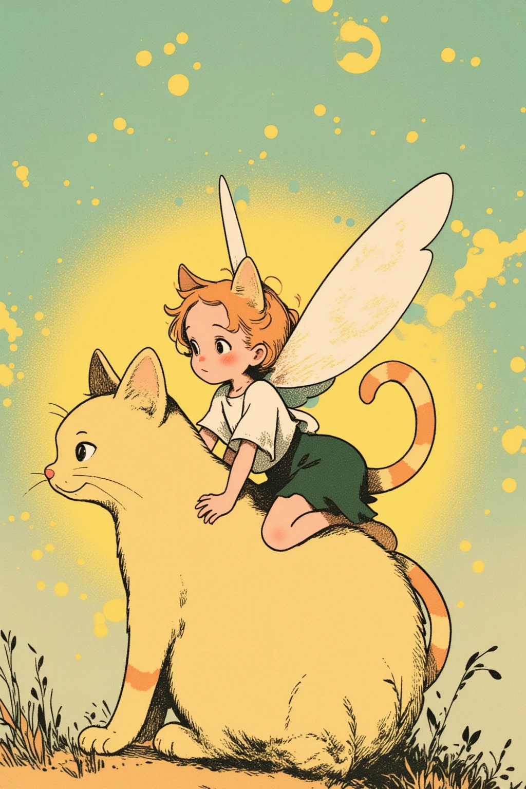  storybook illustration, Cat-eared fairy riding on a cat's back ,  close-up view  ,   close-up view  ,   60s Cartoon  ,   close-up shot showing head and navel ,   full color illustration ,   Additional Details  ,   sixties style animated fairy , Picture Book Cover  , close-up,   close-up view  , mid closeup  , medium   close-up shot showing head and navel , Animated Pop  , Feather Fairy , Minimalism 