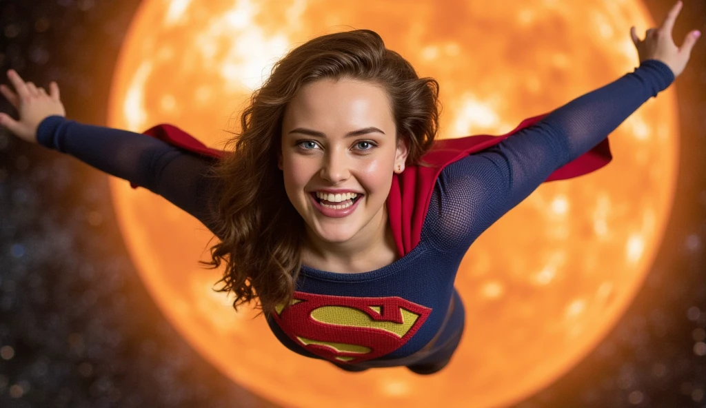 Katherine langford, She is smiling,  wearing Superman's uniform,  in space inside the Sun , absorbing energy 