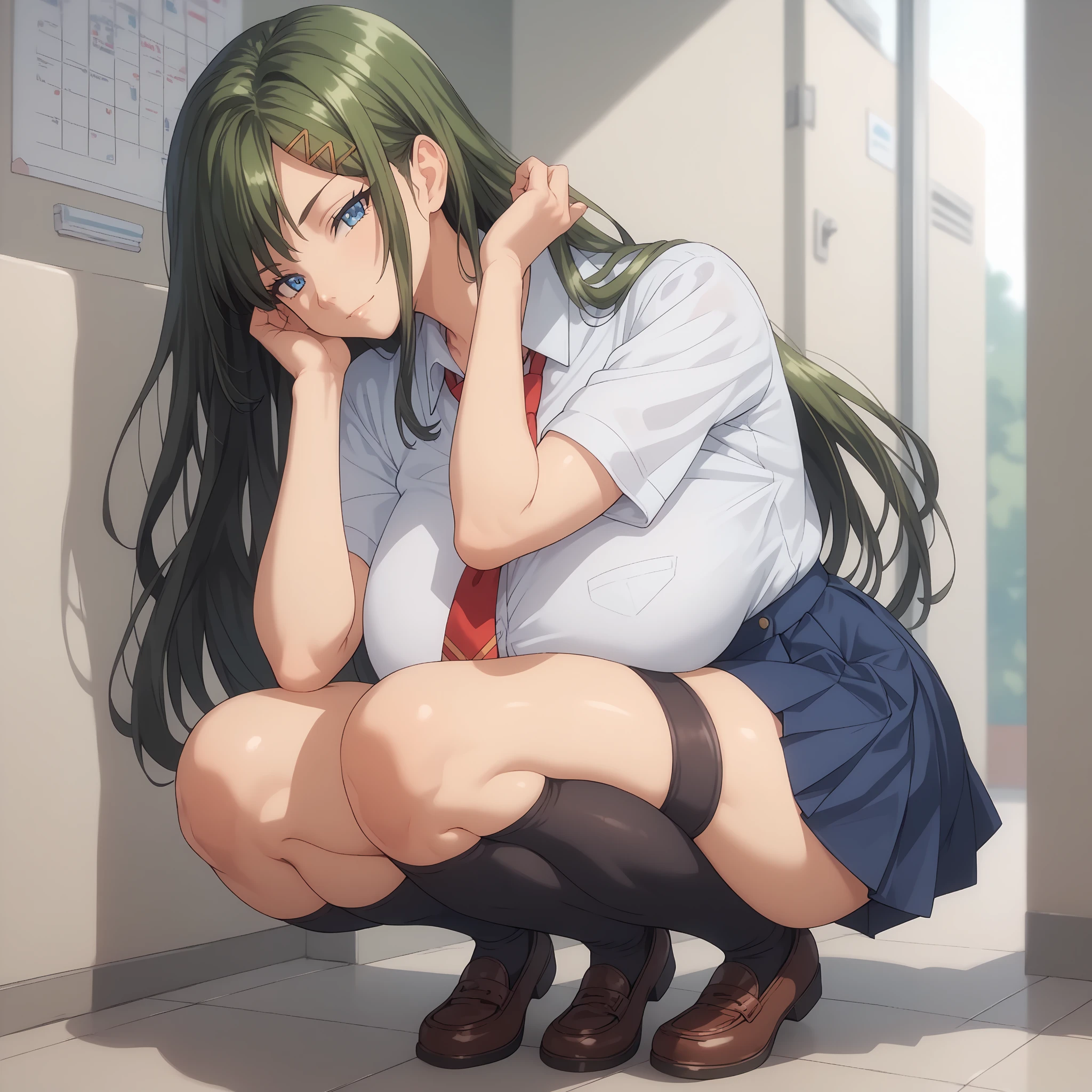 solo,
HitomiKizuno,1girl,green hair,long hair,hairclip,blue eyes,
large breasts,
school_uniform,white shirt,red tie,short_sleeves,
blue skirt,
black_thighhighs,
full body,squatting,