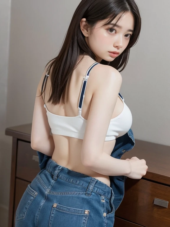 masterpiece,best quality,indoors,1girl,huge breasts,ass,from side,sideboob,solo,undersized clothes,denim pants,bra,lace trimmed panties,looking back,blush, Japanese girl, 45year old, chubby ass, milf,