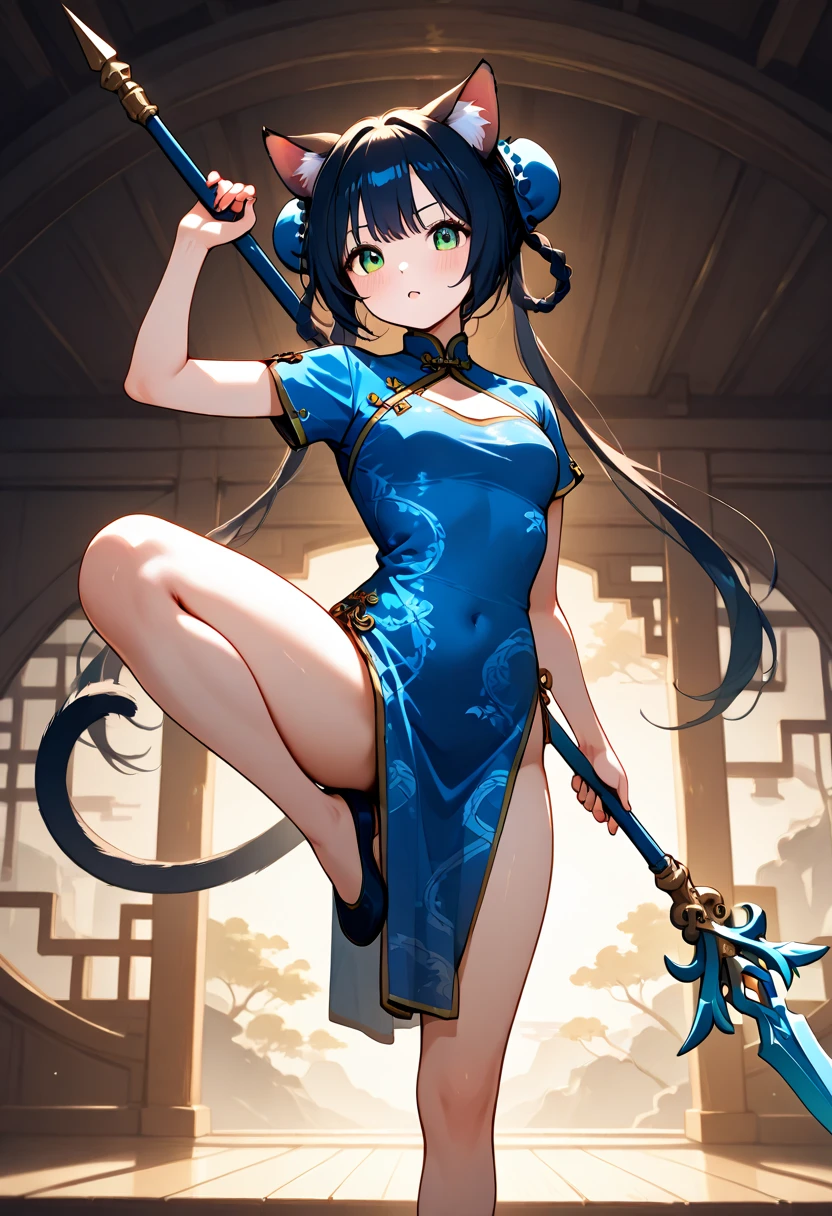 Cat girl,  Holding a Long Spear ,  blue china clothes, Decide a pose by standing on one leg