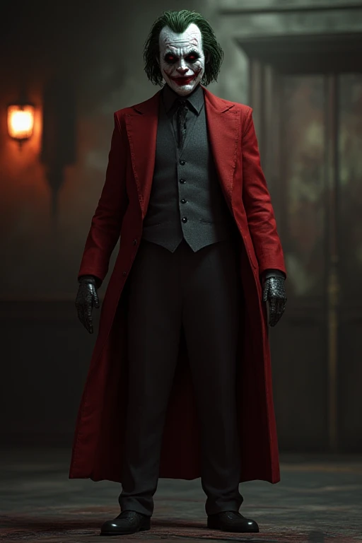 Joker wearing black and red suit black gloves black hair Red eyes background snuff film amazing detail realistic 3D real character style extremely detailed 