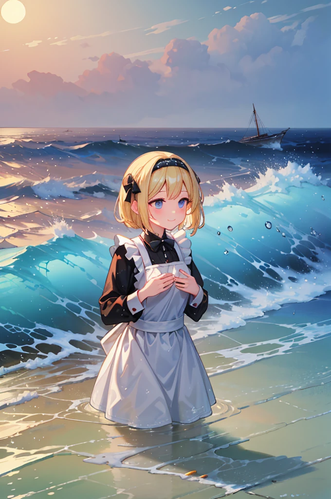 (8k,  super high quality , masterpiece:1.2),  super high res,  one woman,  cute,  small breasts,  blondes,  in white and black maid clothes ,  headband ,  blue bow ,  apron dress, whole body, soaked,  like a ,  best smile , sea, sea水浴, Water Drop, whole bodyにWater Drop,  their chest is soaked in water , Lots of water,  playing in the water, A hand soaked in water, 