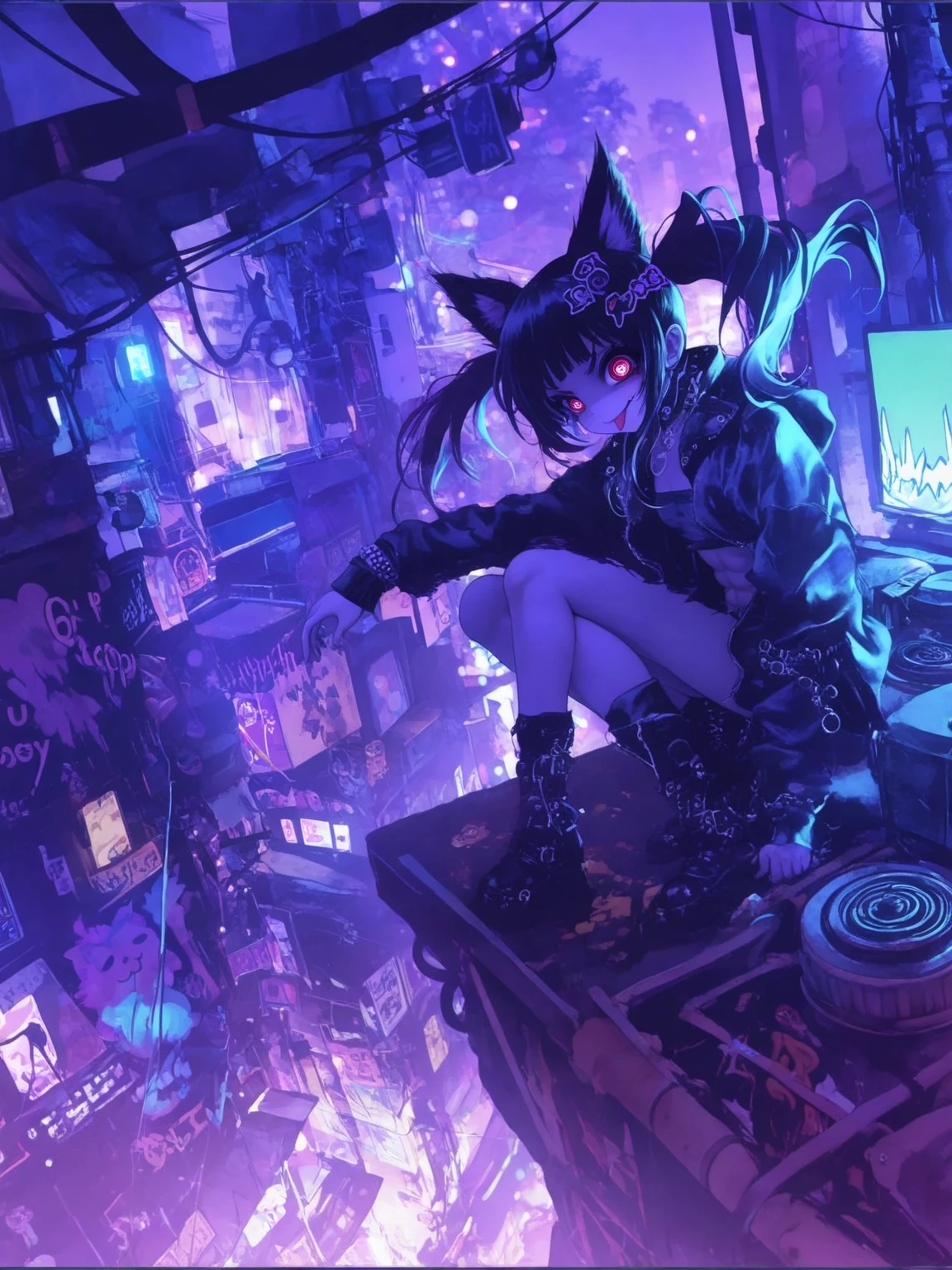 1girl,fluffy cat-ear,cute,evil smile, tongue out, black hair, longhair, twin tails hair, pale skin, red eye, detailed eye, spiral pupils, eyes shining, big eyes, punk fashion, tube top, hot pants, stomach shown, abs, black short jacket,dynamic pose,bangs. (background,outside, noisy city, backstreet, narrow street, neon lights, at night, rough touch, bokeh )