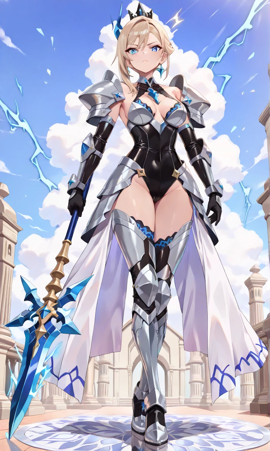 closeup cleavage,beatiful background, The world of dreams, Elf King's sister,mature face, Long face shape, spiny helmet, , demons, humanoid creature, longponytail, Long elven ears,Her skin is very white, White complexion, Clear eyes, Exquisite silver-blue armor, high heels boots,disheveled black hair, black cloth, 单眼blindfolds, Broken silver blue armor,破旧的high heels boots, To know, blindfolds