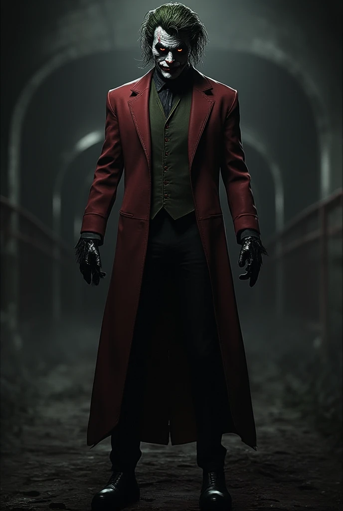 Joker wearing black and red suit black gloves black hair Red eyes background  suffocating 1girl amazing detail realistic 3D real character style extremely detailed 