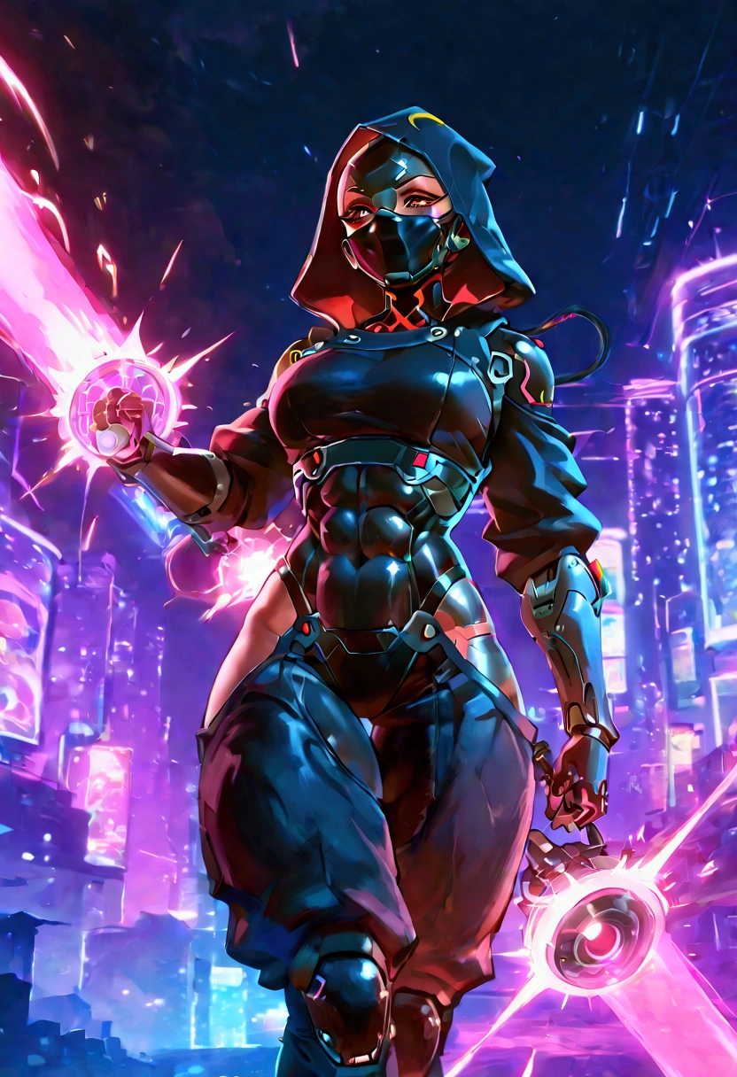 Female cyborg ninja, cobra hood, wearing ninja clothes, cyberpunk, sexy, well-toned abs, deflecting a magic blast