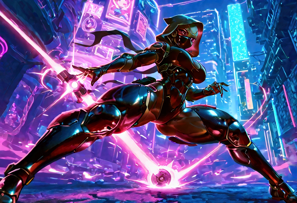 Female cyborg ninja, cobra hood, wearing ninja clothes, cyberpunk, sexy, well-toned abs, deflecting a magic blast