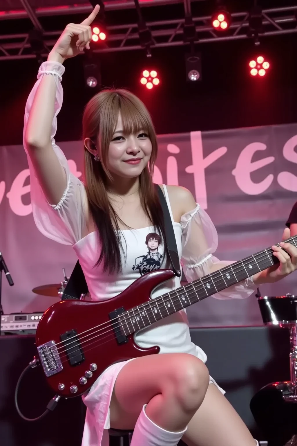 Fami_Normal, 1girl, solo, She is a professional bassist that consisted of 5 Japanese females heavy metal band "Lovebites" .,
(8k, RAW photos, top quality,masterpiece:1.2),( realistic , Photorealistic:1.37), super detailed , super high res, Detailed bass, She is playing the bass at an audience while raising a right arm while smiling., Her base is wine-colored, "FAMI" logo on a bass body., (beautifully detailed face) ,Narrow , (beautifully smooth skin), (skin texture), She has F cup breasts, brown hair, a lot of red spotlights toward her, A large banner "LOVEBITES FAMI" pasted., Bust up zoom photo, (((Her face is shining with sweats.:2.0))),  ((She wears a white see-through neck and sleeve dress which covered with a white off-shoulder dress, and a white short pant and white color's tight semi-long boots.)), (There is a feedback speaker in front of her and put her right leg on the speaker.) , (Furthermore there are a lot of male fans in front of below stage). They also raise their arms., 