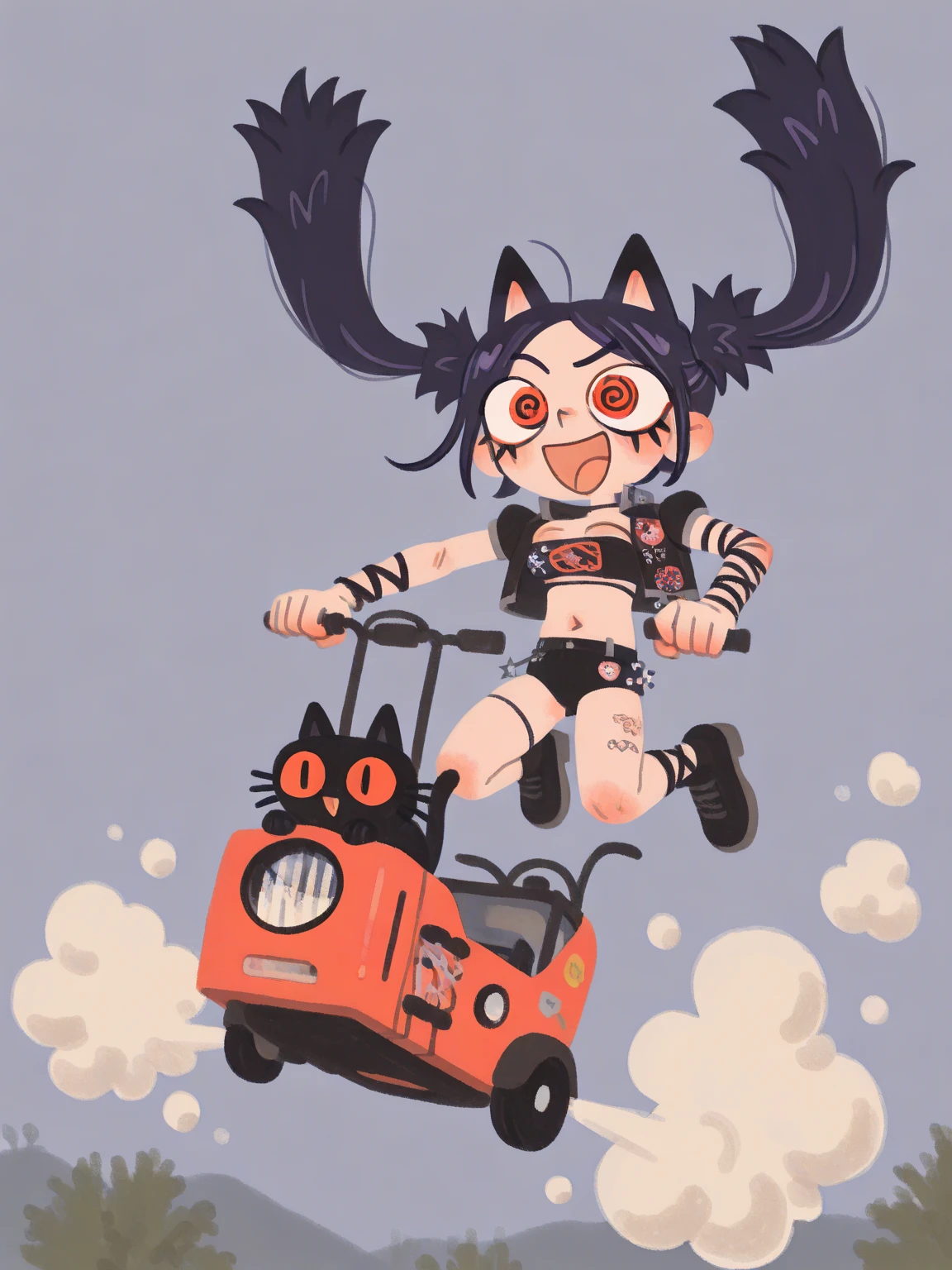 (solo:1.2),1girl\((fluffy black cat-ear:1.6),cute, kawaii,(big evil smile),open mouth, (black hair:1),(long hair),(twin tails hair),pale skin, red eyes,(detailed eyes:1.4),spiral eye, eyes shining, (big eyes),(breast:1.4),(punk fashion:1.6),(ripped clothes:1.3),(tight tube top),(tight hot pants),(stomach shown:0.8),(abs:0.8),(ripped black short jacket:1.4),(fluffy black cat-ear:1.6),(bangs:1.2),(driving (tuk-tuk\(jumping in air, auto rickshaw\):1.4)),(dynamic acyion:1.3),\). BREAK .background\(outside, noisy city, at night,(Thailand:1.3)\).(dynamic angle),pop art,vivid color, (graffiti art:0.5)