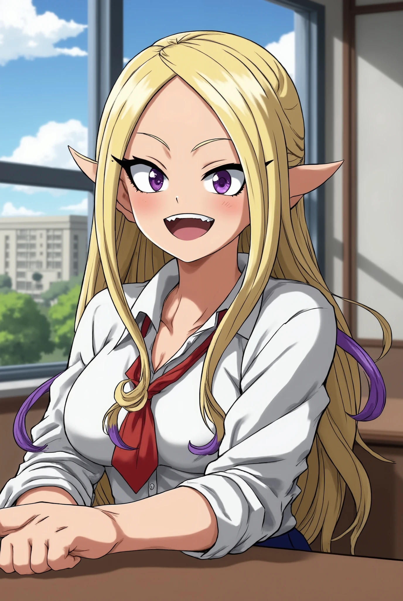  screenshot of my hero Academia girl with wavy hair , long,  blonde with purple locks . purple eyes ,  black and white .  and has a cheerful expression .  is wearing the UA uniform and in the background she has class A school at the UA. And she is sitting at a table 