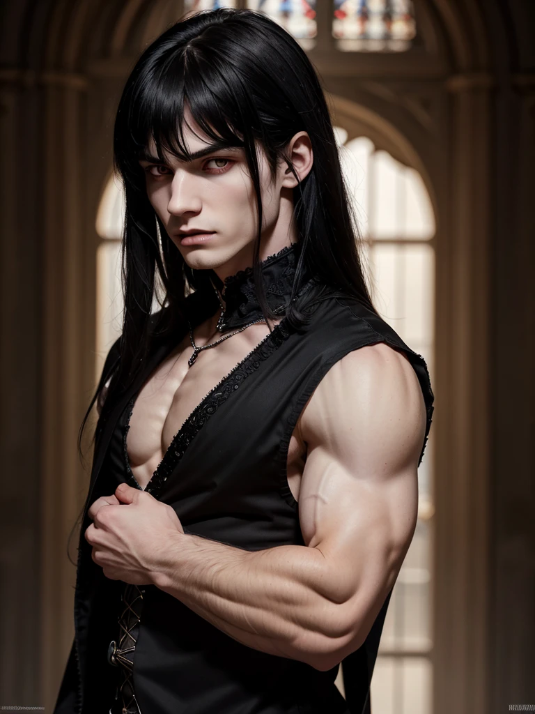 (best quality), 1boy, male, pale skin, black hair, long hair, bangs, slightly wavy hair, red eyes, perfect eyes, gothic clothes, vampire, muscular, royalty, serious, masterpiece, anatomically correct, highres
