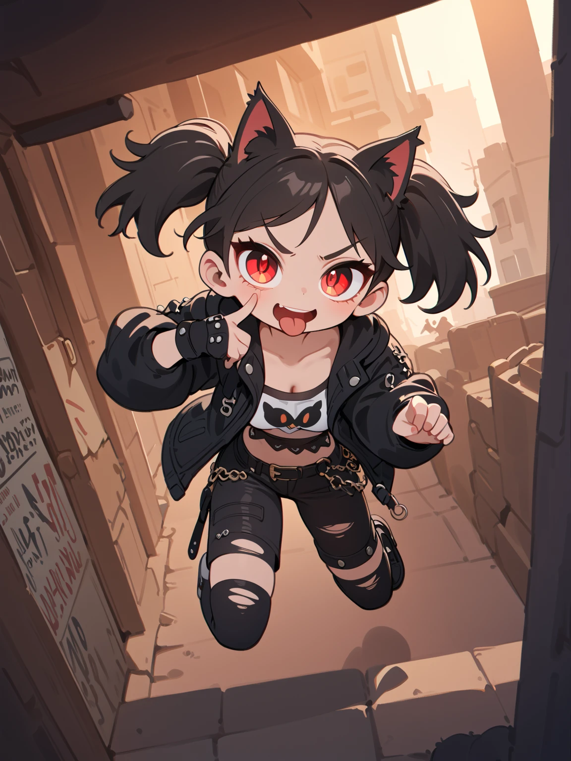 solo,1girl\(cute, kawaii,(evil smile),(akanbe:1.3), eyelid pull, tongue out, finger to eye, 1hand up, :p, index finger raised ,one eye closed, (black hair:1),(long hair:1.2),(twin tails hair),pale skin, red eyes,(detailed eyes:1.4),spiral eye, eyes shining, (big eyes),(breast:1.4),(punk fashion:1.6),(ripped clothes:1.3),(tight tube top),(tight hot pants),(stomach shown:0.8),(abs:0.8),(ripped black short jacket:1.4),(fluffy black cat-ear:1.4),(dynamic pose:1.4)\)),(bang:1.2)\). BREAK .background\(outside, noisy city, backstreet, narrow street, neon lights, at night\), BREAK ,quality\(8k,wallpaper of extremely detailed CG unit, high resolution, top-quality, top-quality real texture skin, hyper realistic, increase the resolution, RAW photos, best quality, highly detailed, the wallpaper,golden ratio,high saturation realism, vibrant colors, dramatic lighting, persuasive storytelling, atmospheric scenery, captivating visuals, intricate details, strong emotions,dreamlike world\),(close up of face:1.5),pop art,vivid color, (graffiti:0.5)