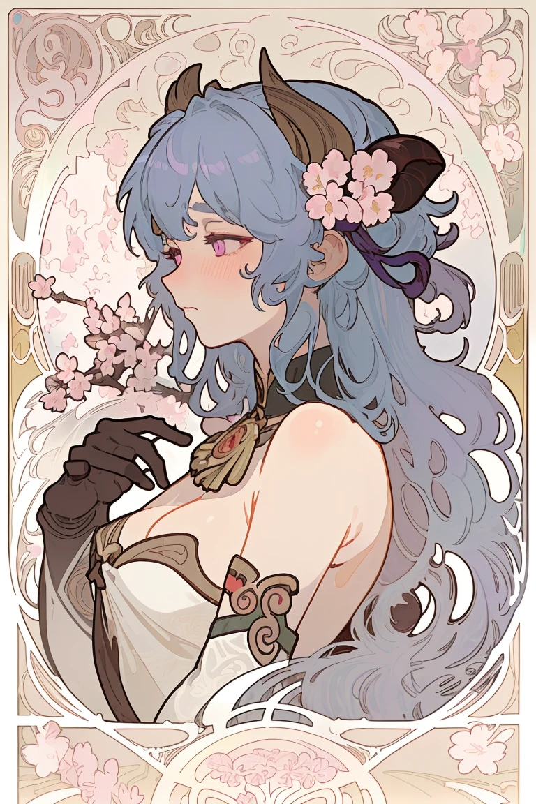 Art Nouveau Style, poster in a theater, (((art by alphonse mucha))), upper body, blush, profile ,(masterpiece, finely detailed beautiful eyes: 1.2), 1girl, solo, beautiful, small details, ultra detailed, best quality, intricate, sharp, digital illustration, detailed, ((cherry blossoms)), ganyu \(genshin impact\), 1girl, ahoge, bangs, bare shoulders, bell, black gloves, ((light blue hair)), blush, breasts, chinese knot, detached sleeves, flower knot, gloves, (red ram horns), long hair, medium breasts, neck bell, night, outdoors, purple eyes, sidelocks, solo, tassel, white sleeves, ((masterpiece)), curly hair