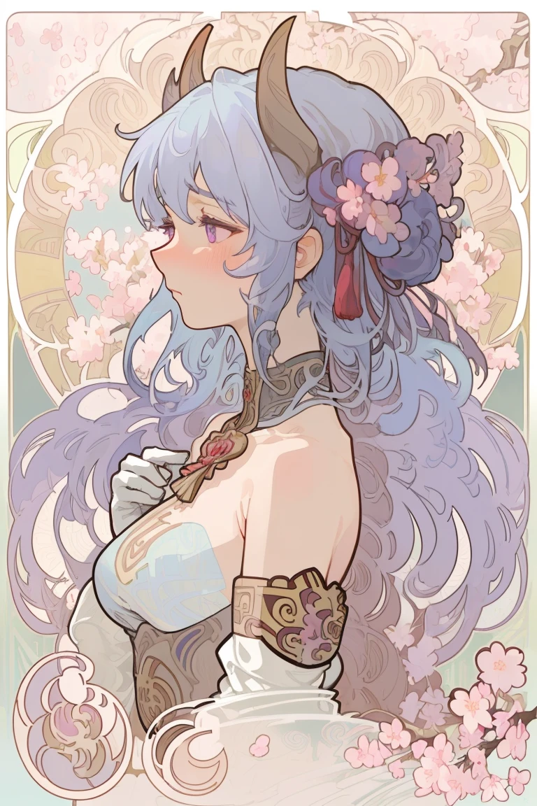 Art Nouveau Style, poster in a theater, (((art by alphonse mucha))), upper body, blush, profile ,(masterpiece, finely detailed beautiful eyes: 1.2), 1girl, solo, beautiful, small details, ultra detailed, best quality, intricate, sharp, digital illustration, detailed, ((cherry blossoms)), Ayane, 1girl, ahoge, bangs, bare shoulders, bell, black gloves, ((light blue hair)), blush, breasts, chinese knot, detached sleeves, flower knot, gloves, (red ram horns), long hair, medium breasts, neck bell, night, outdoors, purple eyes, sidelocks, solo, tassel, white sleeves, ((masterpiece)), curly hair