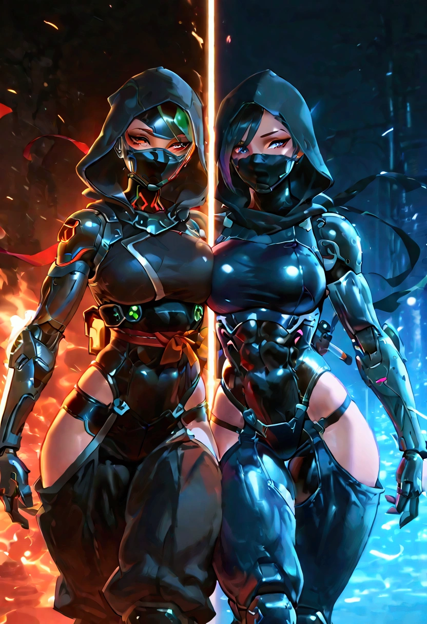 Female cyborg ninja, cobra hood, wearing ninja clothes, cyberpunk, sexy, well-toned abs, fading away