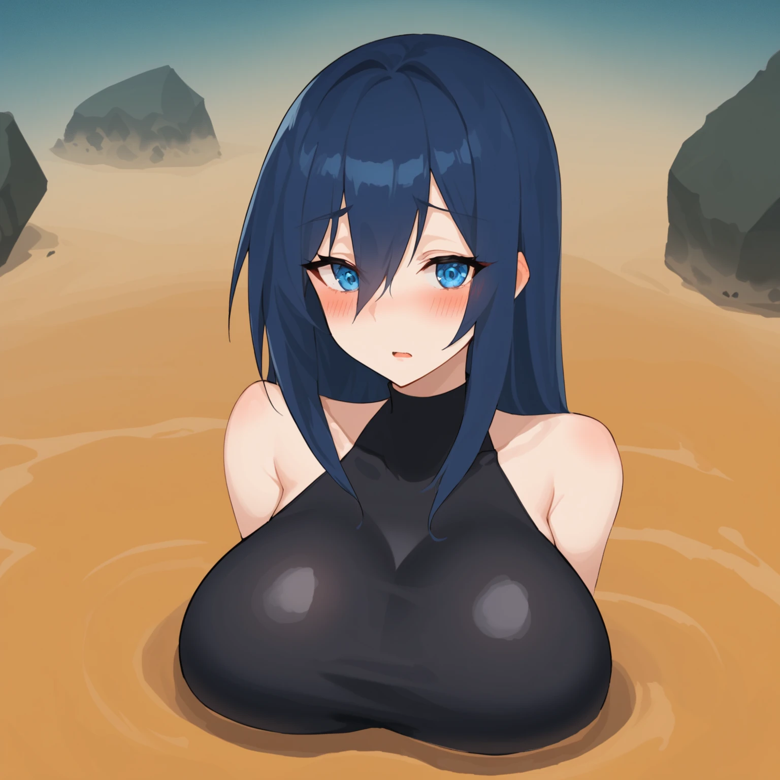 NSFW, looking down, score_7_up, score_8_up, score_9_up, 1girl, solo, bigger female, blue hair, blue eyes, black bodysuit, sleeveless, source_anime, (Desert:1.5), dunes, rock, (blushing), desert blurry background depth of field, quicksand, quick sand, arms stuck in quicksand, up to breasts in quicksand, moaning, large breasts, blushing, shortstack figure, quicksand pushing up breasts, sinking in quicksand, raised eyebrows, anime face, cute face, (water:1.5), (blush:1.5), (pov:1.5), (flooding up to chest:1.5), (from above:1.5), looking left side,