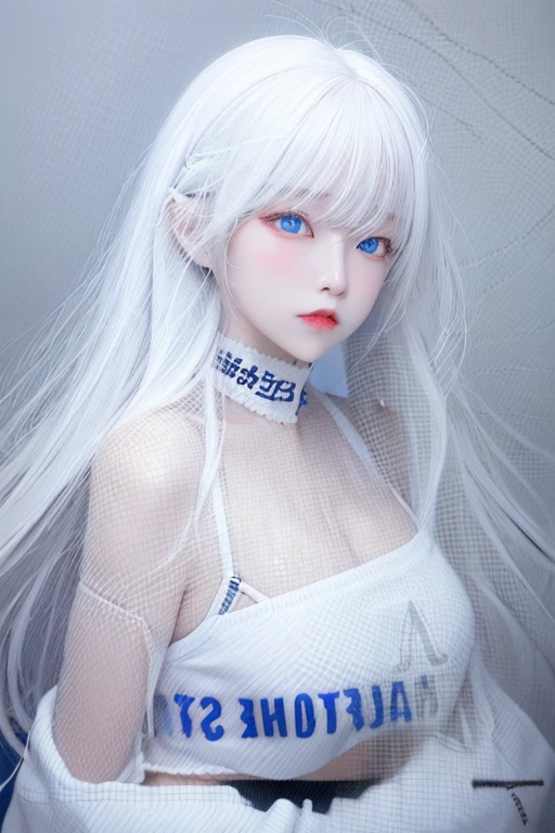 (((White background:1.3)))、Best Quality, masuter piece, High resolution, albino girl、(((1girl in))), ,(((eyes are white:1.3)))、robe blanche、((White shirt:1.3、White Block Dress)), Tindall Effect, Realistic, Shadow Studio,Ultramarine Lighting, dual-tone lighting, (High Detail Skins: 1.2)、Pale colored lighting、Dark lighting、 Digital SLR, Photo, High resolution, 4K, 8K, Background blur,Fade out beautifully、a white world、White background