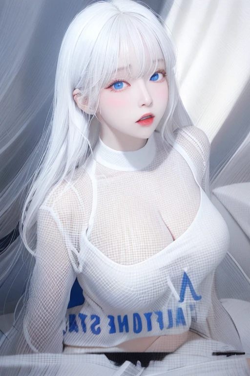 photorealistic, high resolution, 1 girl, white hair, korean, blue eyes, white sexy lace shirt, lace skimpy tight black shorts, thick thighs, lace crop top sexy