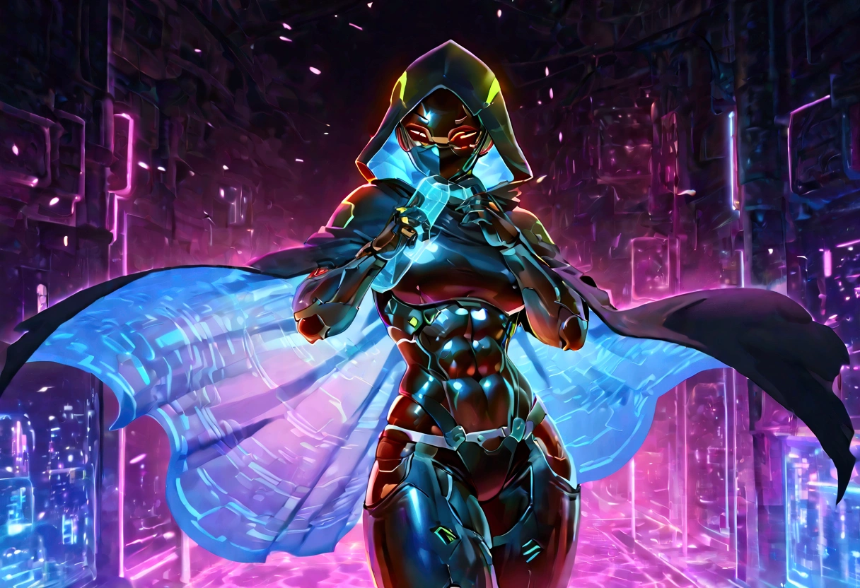 Female cyborg ninja hologram, cobra hood, wearing ninja clothes, cyberpunk, sexy, well-toned abs, covering herself with a cloak