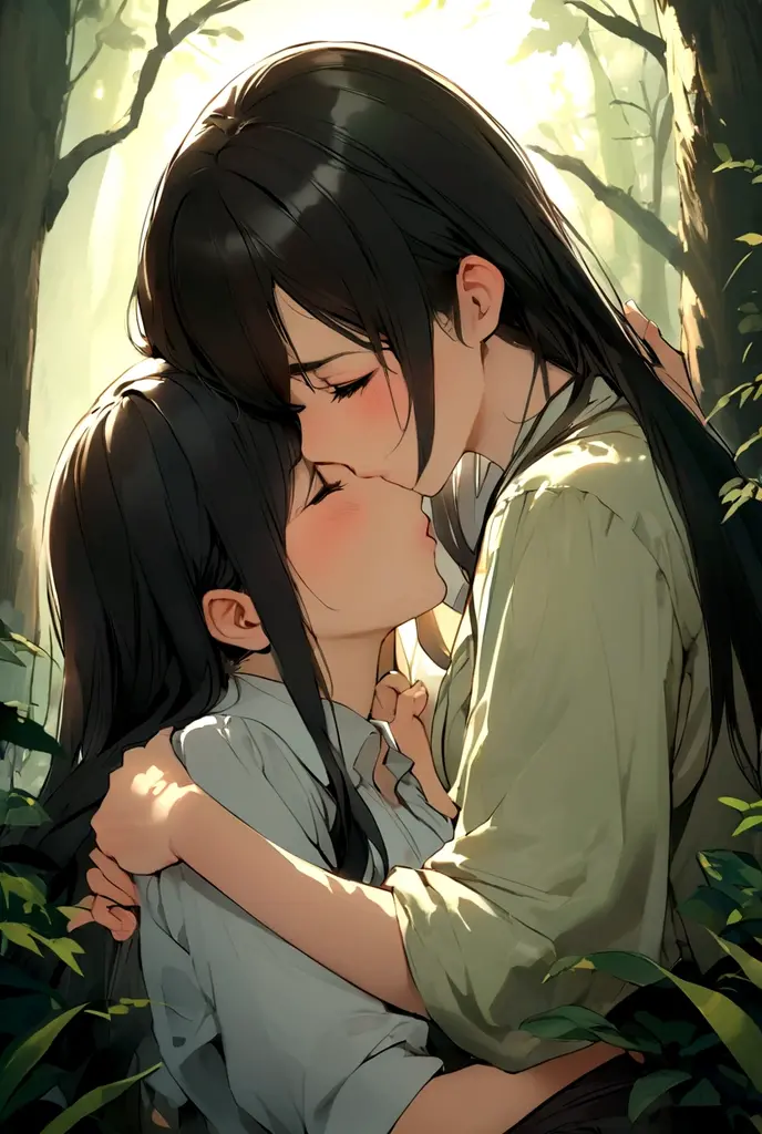 Create an image with two sexy 10 year old girls embracing and kissing, one with black hair and the other blonde on the sides of the cover looking at the forest.