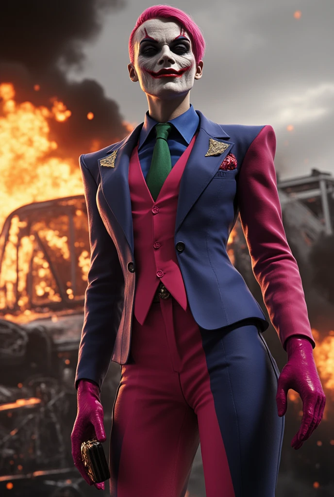 Female Joker wearing pink and blue suit undercut shaved sides pink hair Pink gloves background car explosion evil horror amazing detail realistic 3D real character style extremely detailed 