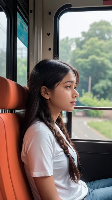 I indian women, round face, symmetry face features sitting in a bus, deeply thinking, braided long hairs, flowers in he hair, tight tshirt and geans pant, modern girl, age : 28, huge bust, blurry surroundings, side angle, looking at viewer, ( visible bus seats, rods and other passangers)