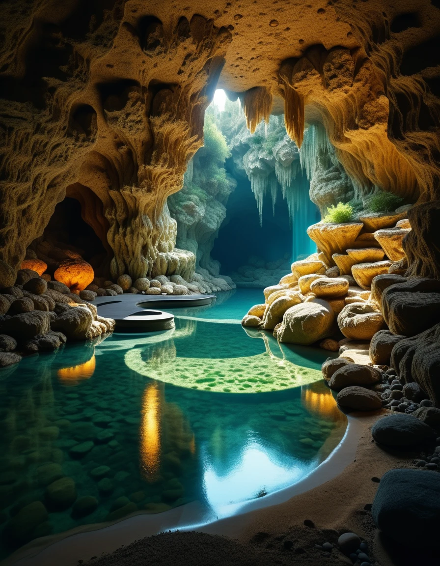 score_9, score_8_up, score_7_up ночь,  a glowing cave inside which is a pool on the island (glows with glowing algae ) ,Greece, город Санторини  a realistic image of ,  masterpiece fails,  artwork ,  hyperrealistic , rendering ,  realistic physical rendering ,  photorealistic rendering ,  highly detailed ,  high-quality render ,  architectural rendering ,  very realistic 3D render ,  a realistic image of , ((HD quality)),  high quality,  detailed image