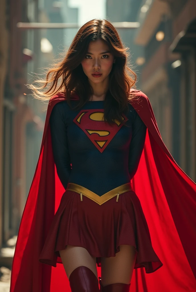 high cinematic quality, fotografia profiSSional, cena de fantaSia, Supergirl Stopping a miSSile, Supergirl uSa terno preto e dourado, terno Sexy,with a floating layer and a "S" On the chest. Totally Sexy in SenSual dynamic poSe, FantaSia Sexy Supergirl .