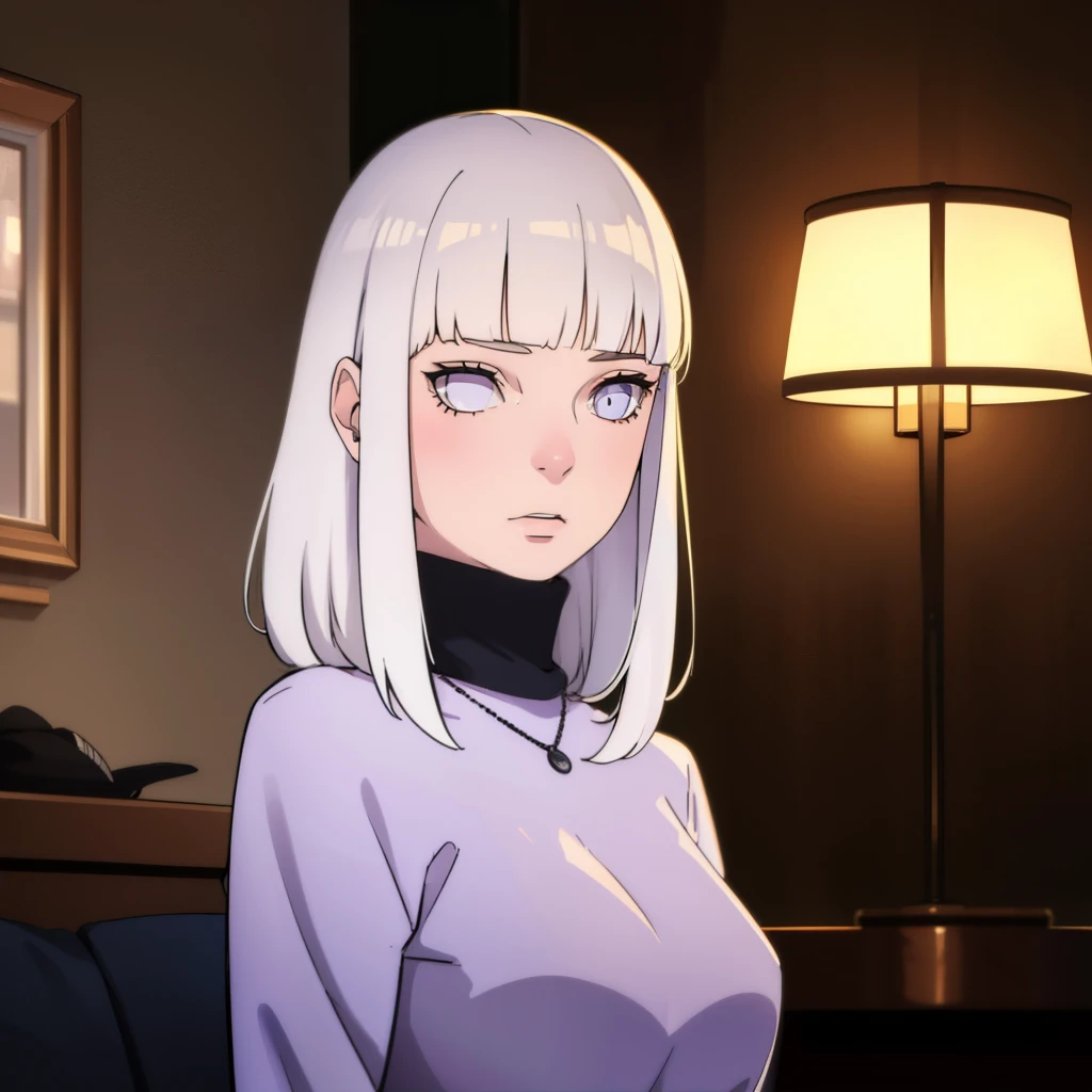 (( realistic lighting ,  best quality, 8K,  masterpiece: 1.3)),  Clear focus: 1.2, 1 girl, 1 ,  girl with straight bangs long white hair , with a black turtleneck , Village band with the leaf on the neck  