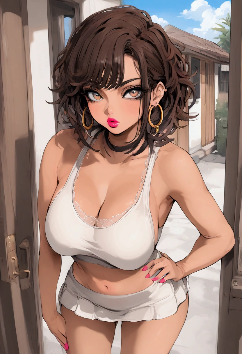 Mamimi style, Latina, light brown skin, brown hair, hazel eyes, busty, wearing white lace tanktop, white bodycon mini skirt, large oversized hoop earrings, outside a house entrance, pink lipstick, sunny day, exposed navel, hand on hip, shush motion, pursed lips