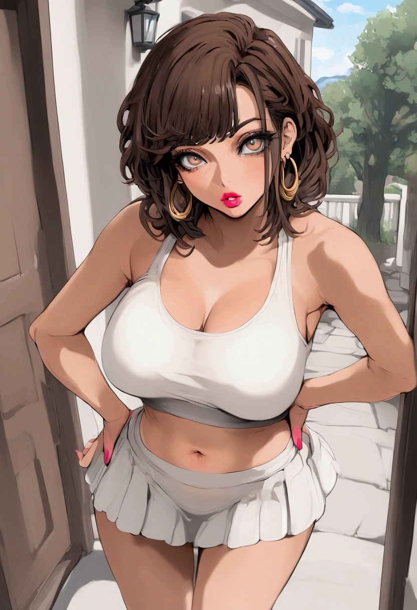 Mamimi style, Latina, light brown skin, brown hair, hazel eyes, busty, wearing white lace tanktop, white bodycon mini skirt, large oversized hoop earrings, outside a house entrance, pink lipstick, sunny day, exposed navel, hand on hip, shush motion, pursed lips