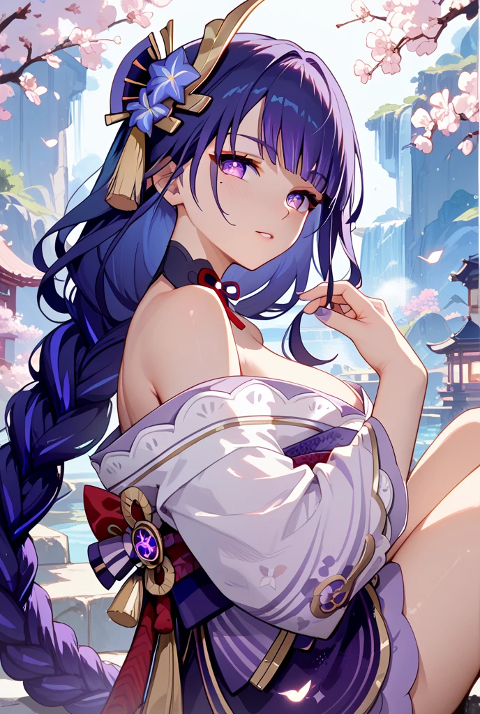 ((Raiden Shogun in Genshin Impact)),solo,((semi long beautiful dark blue hair,beautiful blue eyes)),((topless, beautiful medium , pink nipples)),gleaming skin,Vulgar,low angle,from below,(nsfw),
low angle,from below,((masterpiece, highest resolution,best quality)), (beautiful illustration), (looking at the viewer), ((white elegant beautiful skirt and panties)),
innocent smile, white over-kneehighs,Lace chalker, wristband, fingerless gloves, over-kneehighs,
Lace chalker, diamond necklace,wristband, fingerless gloves, earrings, windy,cinematic lighting, flat sitting in the beautiful flower garden,blue sky, trees,flowers