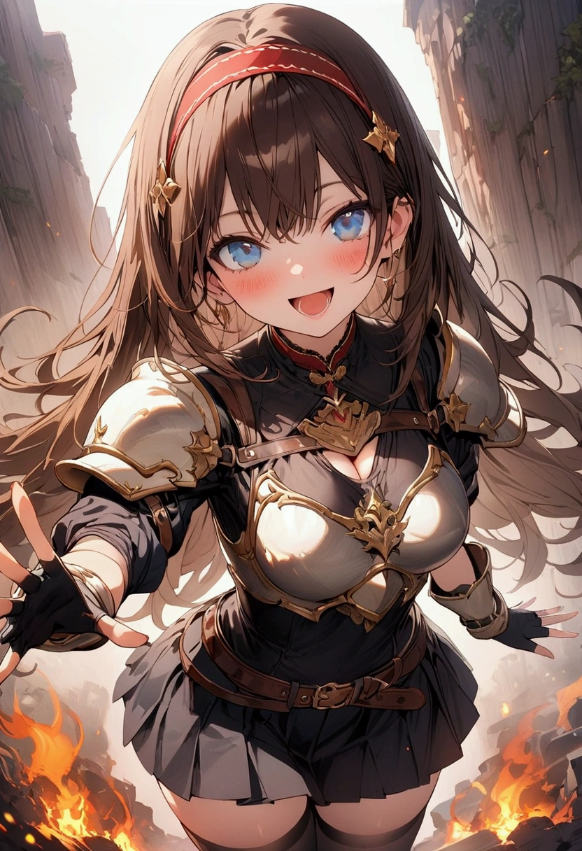 (((1girl))), ((best quality)), ((masterpiece)), ((ultra-detailed)), (illustration), (detailed light), (an extremely delicate and beautiful), (beautiful detailed eyes), (sunlight), ((extremely light)),  ((extremely clothes)), (((hyper detail))),(((((front lighting))))),(((((front light))))),

((((quite adorable and heavy-armor with a pleated skirt and robe and headband)))), 
((((Paladin)))),
, 

(((wavy long hair))), ((((dark brown hair)))),  ((((long hair)))),
(((deep orange eyes))),

((((whole body)))), aged 5 to 8, ((((())))), ((((very adorable young girl)))),
((condescending expression)), ((mischievous smile with sexual satisfaction)),  (((extra adorable))), (((((extra slender shape))))), 
(((((extremely beautiful detailed face))))), 
(((bravely standing with a long-sword))),
 (((elegant boots))),

(Dutch angle), (((elegant gloves))), ((transparent magical underskirt)), ((a little bit exposed adorable magical panties))