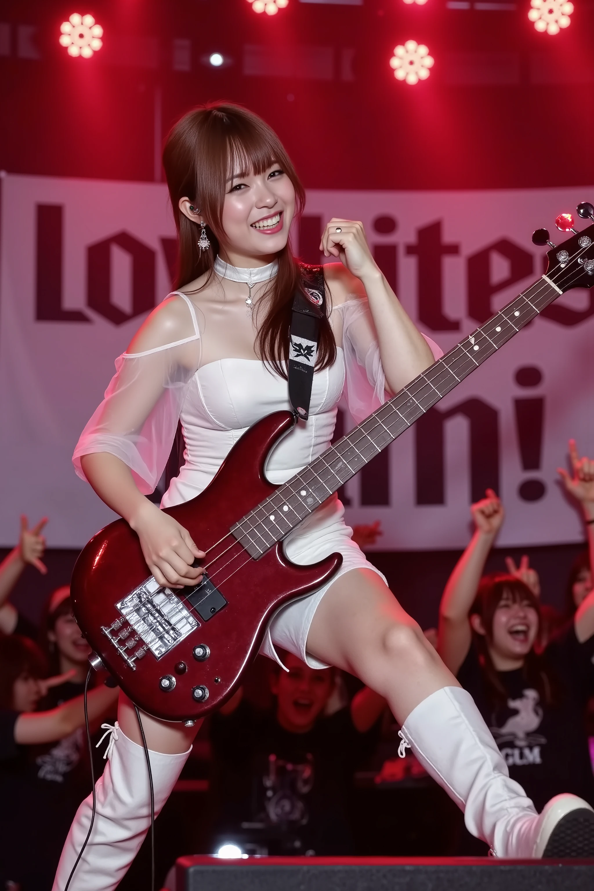 Fami_Normal, 1girl, solo, She is a professional bassist that consisted of 5 Japanese females heavy metal band "Lovebites" .,
(8k, RAW photos, top quality,masterpiece:1.2),( realistic , Photorealistic:1.37), super detailed , super high res, Detailed bass, makeup, gross red lipstics, She is playing the bass at an audience while raising a right arm while smiling., Her base is wine-colored, "FAMI" logo on a bass body., (beautifully detailed face) ,Narrow , (beautifully smooth skin), (skin texture), She has F cup breasts, brown hair, a lot of red spotlights toward her, A large banner "LOVEBITES FAMI" pasted., Bust up zoom photo, (((Her face is shining with sweats.:2.0))),  ((She wears a white see-through neck and sleeve dress which covered with a white off-shoulder dress, and a white short pant and white color's tight semi-long boots.)), (There is a feedback speaker in front of her and put her right leg on the speaker.) , (Furthermore there are a lot of male fans in front of below stage). They also raise their arms., She is looking at her fans.,