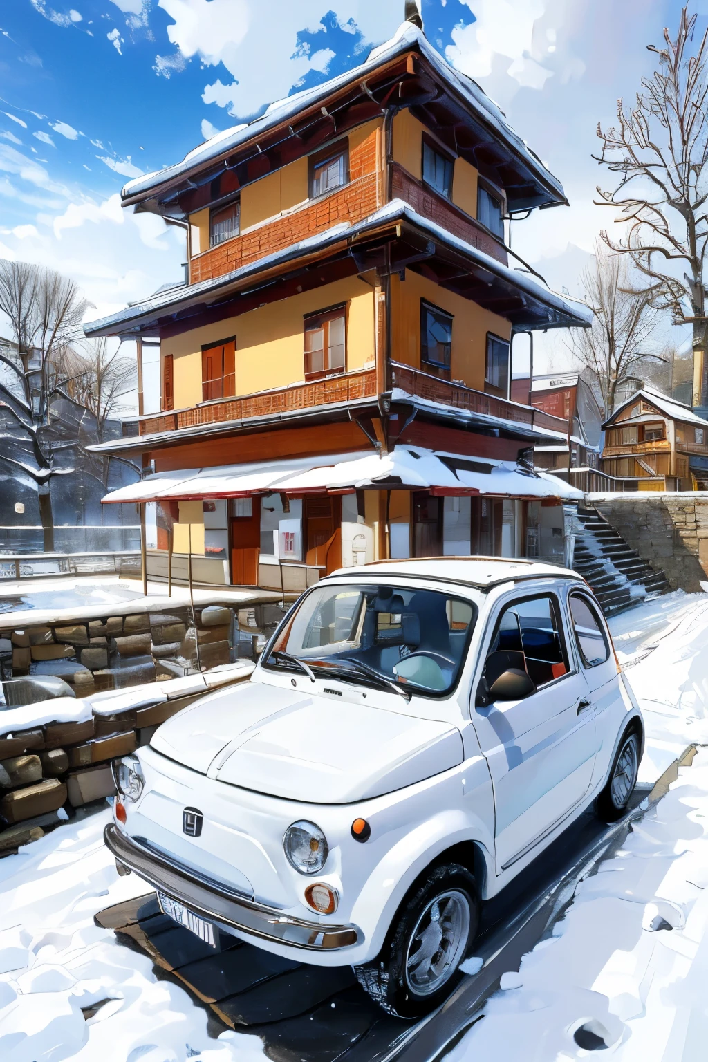 (masterpiece:1.2,   top quality ),(    very detailed),(((  anime style )))，8k，   wallpaper，  white Fiat 500    ，execution，  quaint Japanese castle town，Winter snow scene，Winter blue sky，Abarth 595 specification :1.2，(((Chemical language  )))，