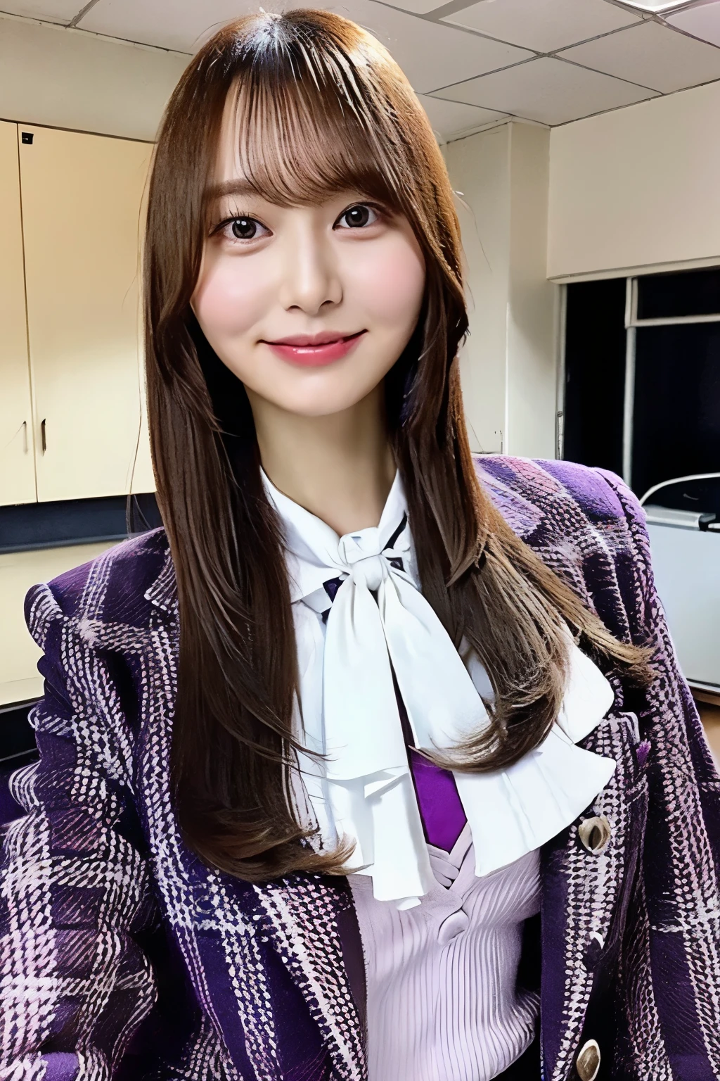 brown hair on one woman、 straight hair、With bangs、Beautiful breasts、SlenderBody、Purple tie、WhiteShirt inside a purple blazer jacket 、 purple and white plaid pleated mini skirt、 is standing in a school classroom