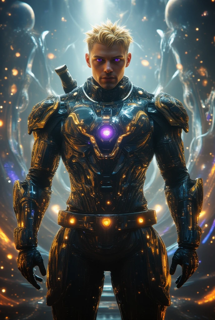 A 50-something male with golden hair with very light and prominent platinum highlights, very short on the sides but long on top like a lock. Striking purple eyes and a bold, manly smirk with his lips. He is dressed in a suit of power armor (shiny blackish electric blue) adorned with golden accents and intricate detailing. The armor covers his entire torso, arms and shoulders, featuring large ornate shoulder pads and a detailed breastplate. The armor has a heavy, metallic carbon fiber quality. He holds a sword-shaped firearm with a very thick and large blade, ornate and graceful carved edge detailing. The background is a very hazy but detailed impressionistic scene of galaxies, sparks and blueish flames, suggesting a fiery environment on an alien planet overlooking outer space. The style is hyper-realistic, with high level of detail on the character's armor and face. Focus on expressing a very strong, serious and powerful male figure. Use rich, deep colors of gray, gold, and orange. Lighting should be dramatic and highlight the textures of the armor. Emphasis on the intricate details and designs of the armor and weapon.