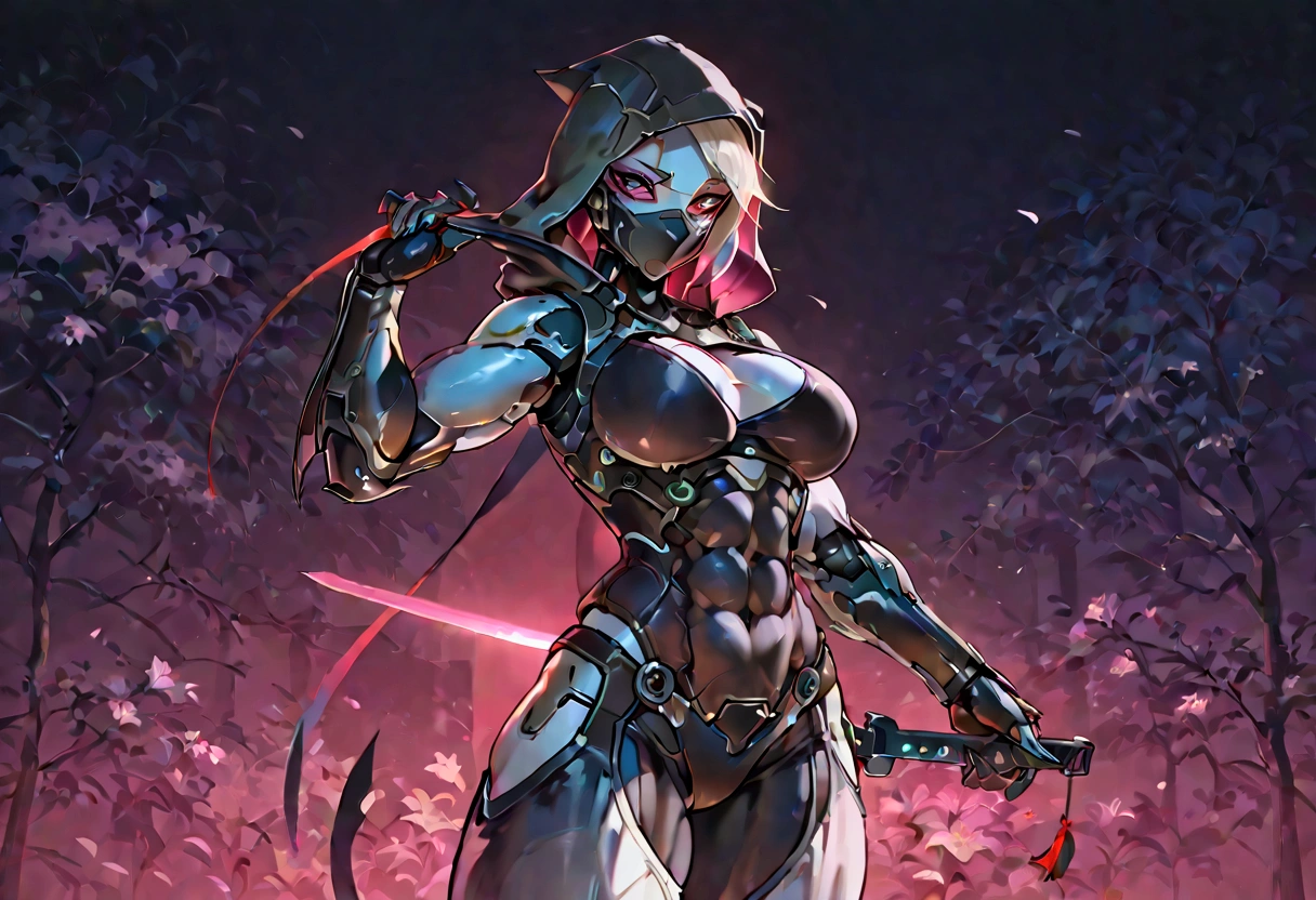 Female cyborg ninja, cobra hood, wearing ninja clothes, cyberpunk, sexy, well-toned abs, installing new hardware into herself