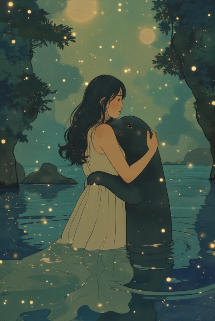 ((line-art Anime, manga aesthetic, highly detailed, vibrant colors, dynamic lighting, soft shading, 8k resolution, masterpiece))、A woman emerging from water, with a seal climbing up beside her to embrace her, symbolizing harmony and connection. The woman has long, flowing hair, wearing a simple, elegant dress that drapes gently around her body, creating a sense of ethereal beauty. The seal, with smooth fur and expressive eyes, gently wraps its flippers around her in a tender embrace. The scene is set in a serene, mystical landscape with soft, glowing light filtering through the water. The background is filled with gentle waves and mist, creating a peaceful atmosphere. The scene is highly detailed with dynamic lighting and vibrant colors, bringing out the contrast between the dark depths of the water and the illuminated figure of the woman and the seal. The art style is anime-inspired with manga aesthetics, soft shading, and vibrant hues that make the characters stand out beautifully. The image is rendered in 8k resolution, creating a sense of depth and intricacy in every detail, showcasing the masterpiece of this serene, magical moment."