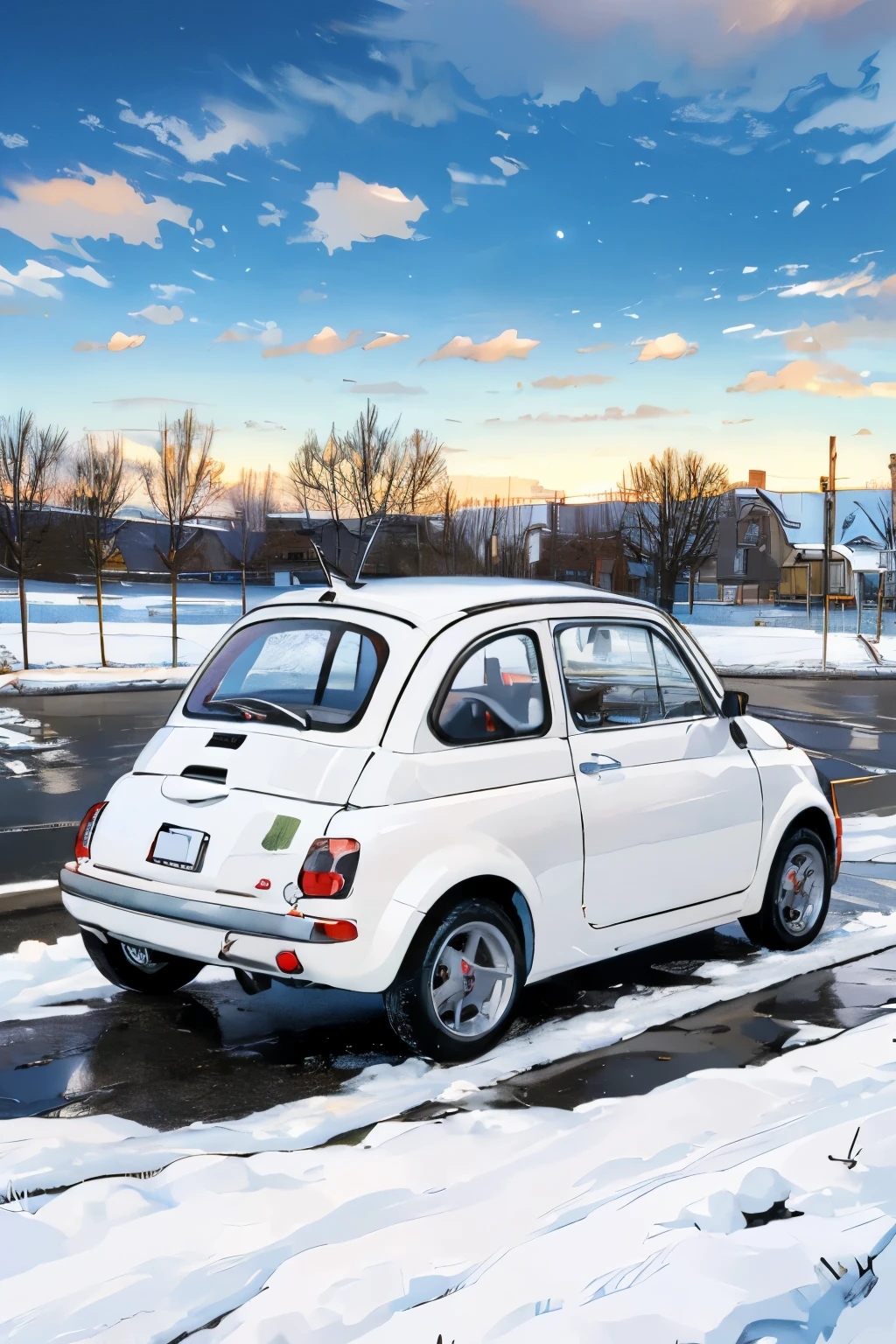 (masterpiece:1.2, top quality ),(  very detailed),(((  anime style )))，8k， wallpaper，  white Fiat 500  ，execution，Park parking lot with a view of the cityscape in the distance，Winter snow scene，Winter blue sky，Abarth 595 specification :1.2，(((Chemical language  )))，