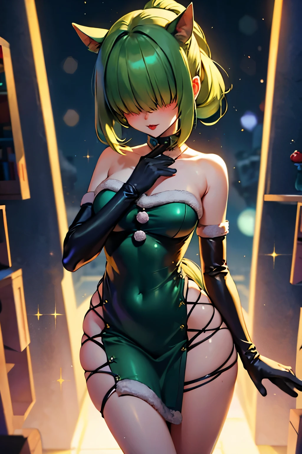 1girl, Anime, Large breasts, Sexy, Scantily Clad, Long Green Hair Covering Eyes, Two Ponytails, Wearing a Ridiculously Outrageous Christmas Dress, Elbow Length Gloves, Red Lips, Full Blush, Pixar, Wide Shot, Sparkle, Cinematic Lighting, Glowing Light, High Resolution, Best Quality, High Details, UHD, Surrounded by Xmas Faries