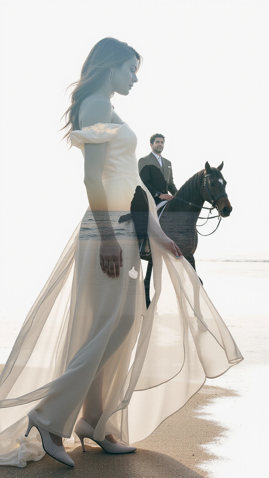 a stunning double exposure image that intertwines the silhouette of a beautiful woman standing gracefully on a beach with the enchanting figure of a prince charming on horseback in the distance. The woman wears an exquisite flowing dress that billows softly in the breeze, embodying elegance and allure. Above her, a close-up of the prince’s face reveals a charming smile, his presence radiating confidence and nobility. The composition should evoke a dreamlike quality, blending soft colors and ethereal lighting to create a breathtaking scene that captures the essence of romance and fantasy.