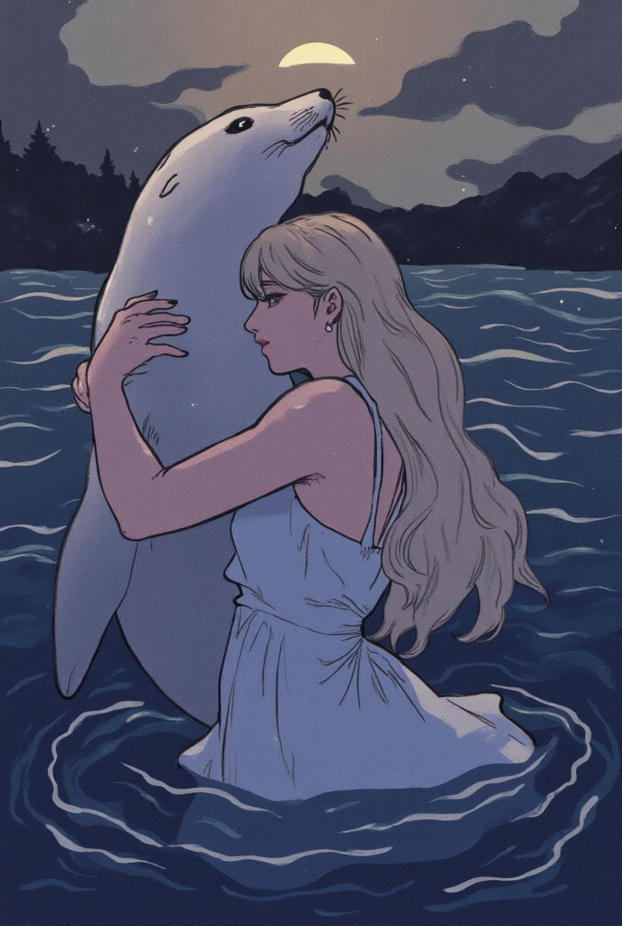 ((line-art Anime, manga aesthetic, highly detailed, vibrant colors, dynamic lighting, soft shading, 8k resolution, masterpiece))、A woman emerging from water, with a seal climbing up beside her to embrace her, symbolizing harmony and connection. The woman has long, flowing hair, wearing a simple, elegant dress that drapes gently around her body, creating a sense of ethereal beauty. The seal, with smooth fur and expressive eyes, gently wraps its flippers around her in a tender embrace. The scene is set in a serene, mystical landscape with soft, glowing light filtering through the water. The background is filled with gentle waves and mist, creating a peaceful atmosphere. The scene is highly detailed with dynamic lighting and vibrant colors, bringing out the contrast between the dark depths of the water and the illuminated figure of the woman and the seal. The art style is anime-inspired with manga aesthetics, soft shading, and vibrant hues that make the characters stand out beautifully. The image is rendered in 8k resolution, creating a sense of depth and intricacy in every detail, showcasing the masterpiece of this serene, magical moment."