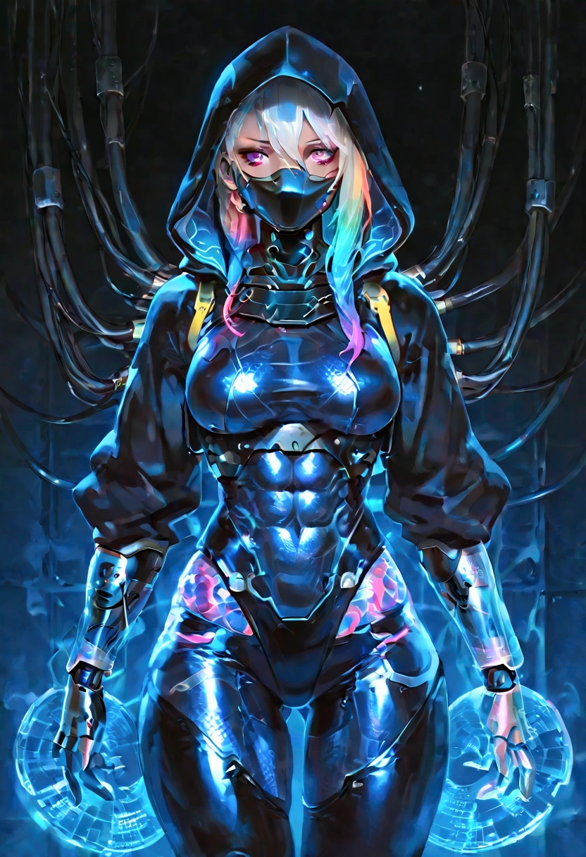 Female cyborg ninja, cobra hood, wearing ninja clothes, cyberpunk, sexy, well-toned abs, connected to thick cables, hologram displays, futuristic computers and surgery